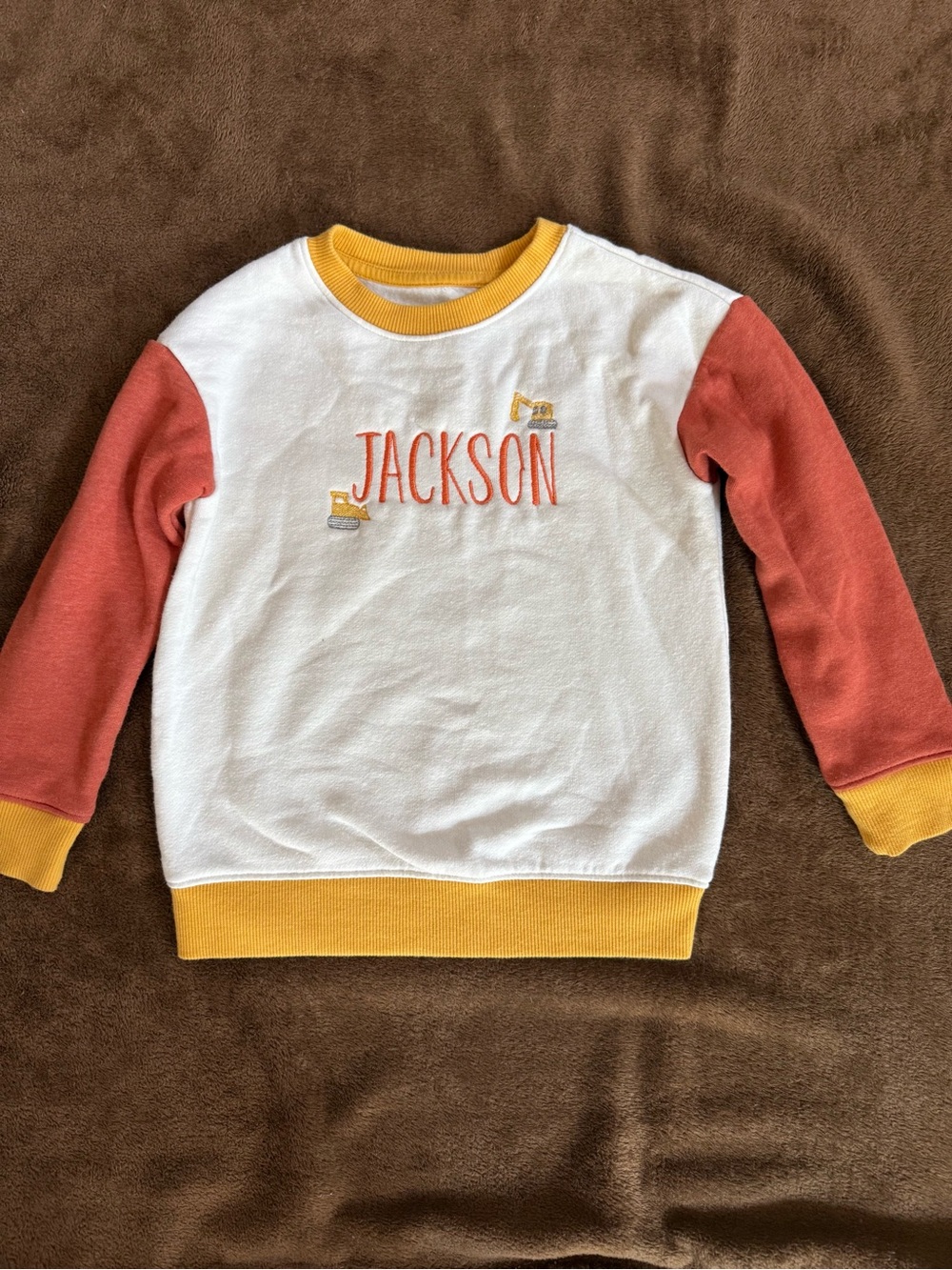 Cat & Jack White Sweatshirt with Rust Sleeves and Yellow Trim